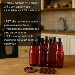 Botellas ámbar PET de 2,5 litros - 9 unidades