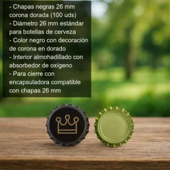 Chapas negras con Corona - 26mm x 100 uds
