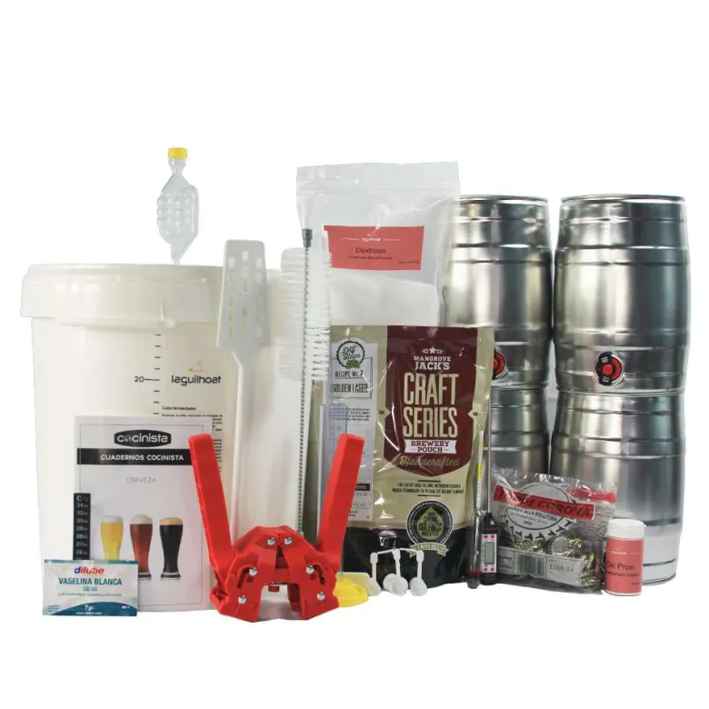 Equipo De Luxe con malta y barriles para hacer cerveza