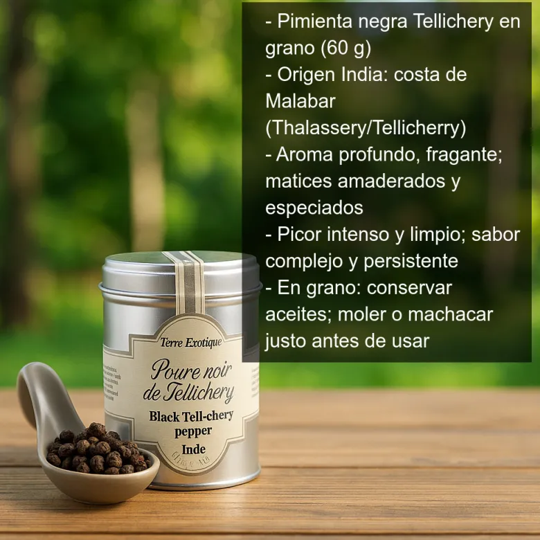 Pimienta negra de Tellichery en grano - 60 g